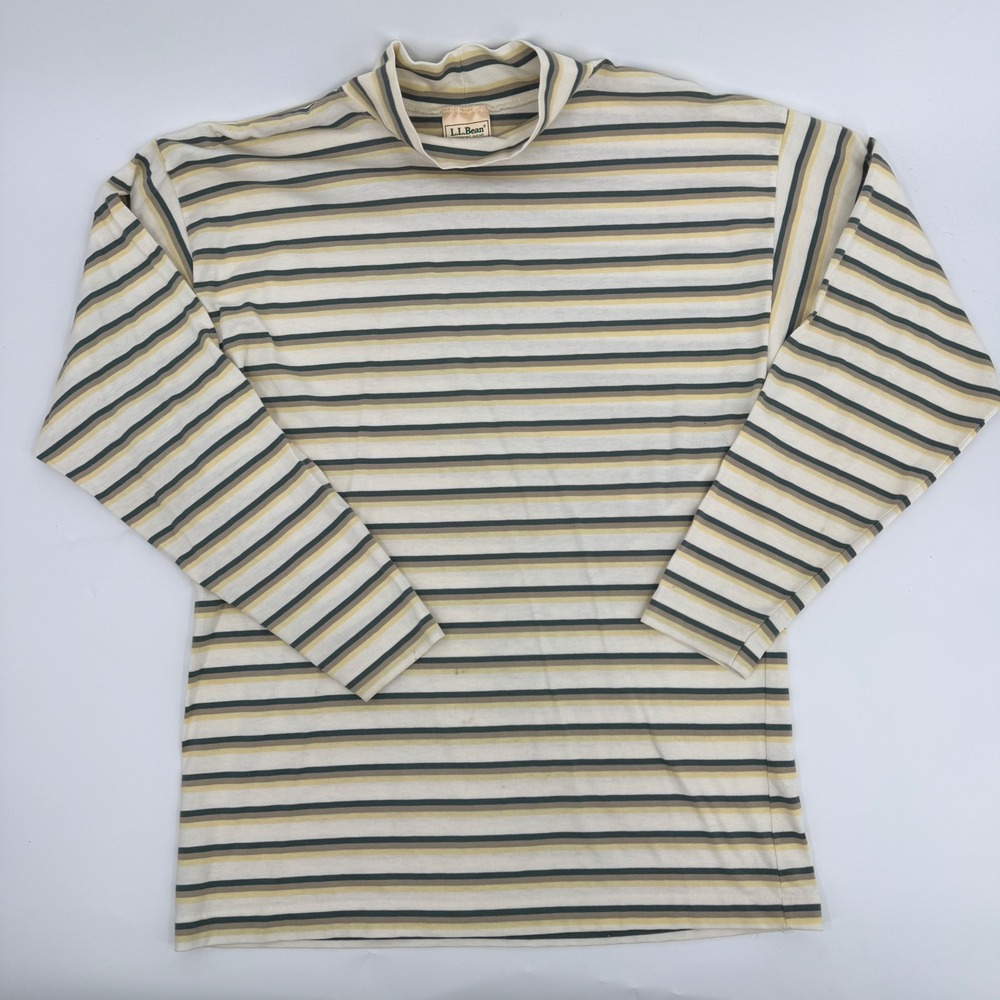 L.L. Bean Mock Neck Striped Shirt 90s Vintage Unisex Large Cream Yellow Green